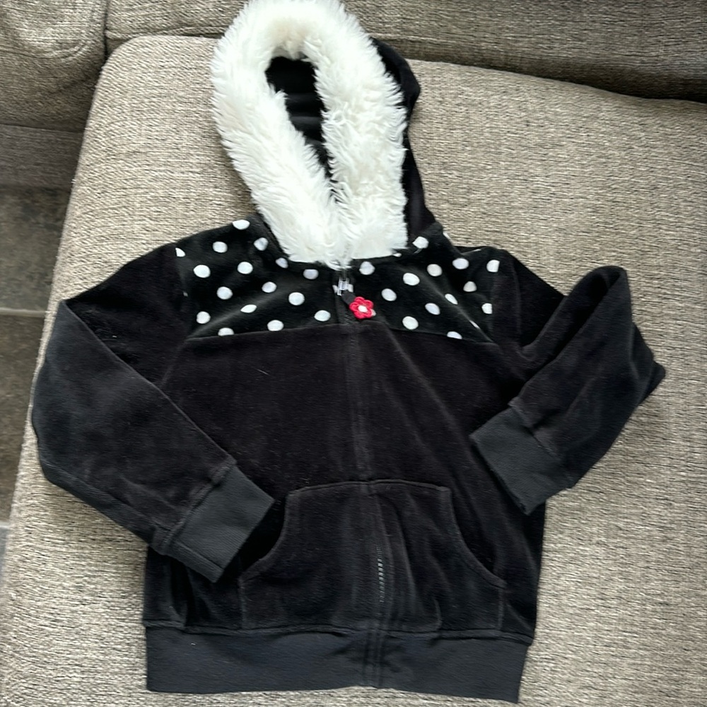 Gymboree Vintage Girls Black Velour Polka Dot Full Zip Hoodie Faux Fur Trim S 5